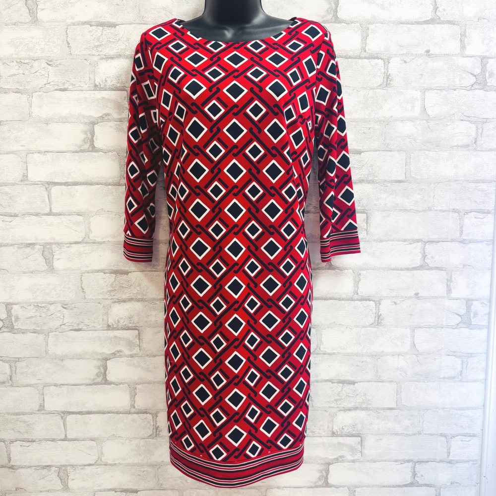 Talbots Petites Red Navy Geometric Sheath Dress 3/4 Sleeve MP Medium Petite
